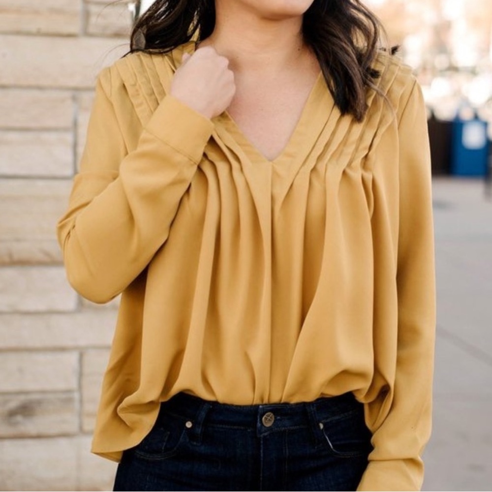 Anthropologie The Korner Pleated Tie Neck Blouse Mustard Size S